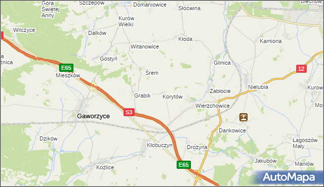 mapa Korytów gmina Gaworzyce, Korytów gmina Gaworzyce na mapie Targeo