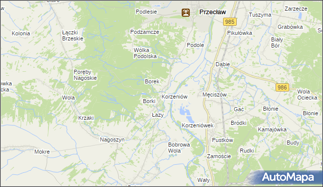 mapa Korzeniów gmina Żyraków, Korzeniów gmina Żyraków na mapie Targeo