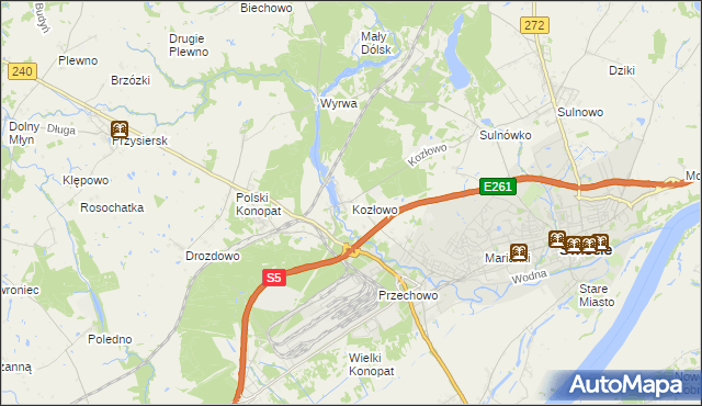 mapa Kozłowo gmina Świecie, Kozłowo gmina Świecie na mapie Targeo