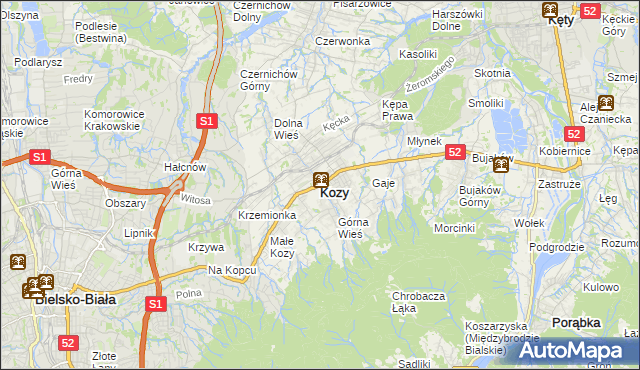 mapa Kozy powiat bielski, Kozy powiat bielski na mapie Targeo