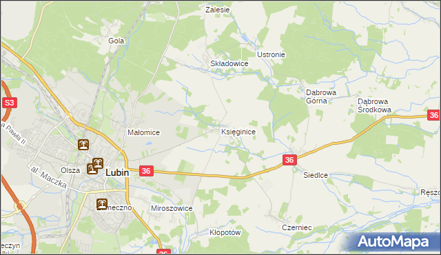 mapa Księginice gmina Lubin, Księginice gmina Lubin na mapie Targeo