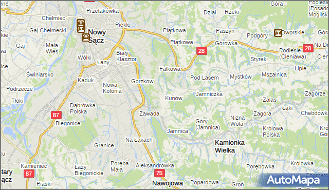 mapa Kunów gmina Chełmiec, Kunów gmina Chełmiec na mapie Targeo