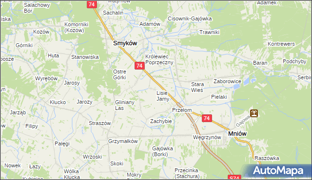 mapa Lisie Jamy gmina Mniów, Lisie Jamy gmina Mniów na mapie Targeo
