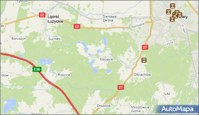 mapa Miłowice gmina Żary, Miłowice gmina Żary na mapie Targeo