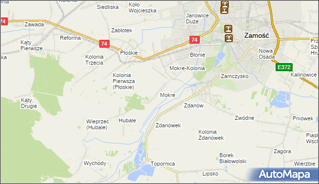 mapa Mokre gmina Zamość, Mokre gmina Zamość na mapie Targeo