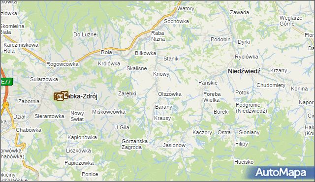 mapa Olszówka gmina Mszana Dolna, Olszówka gmina Mszana Dolna na mapie Targeo