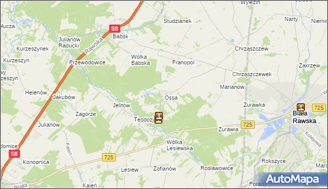 mapa Ossa gmina Biała Rawska, Ossa gmina Biała Rawska na mapie Targeo