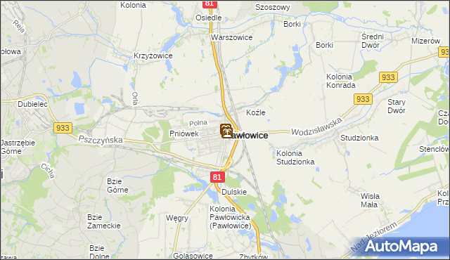 mapa Pawłowice powiat pszczyński, Pawłowice powiat pszczyński na mapie Targeo