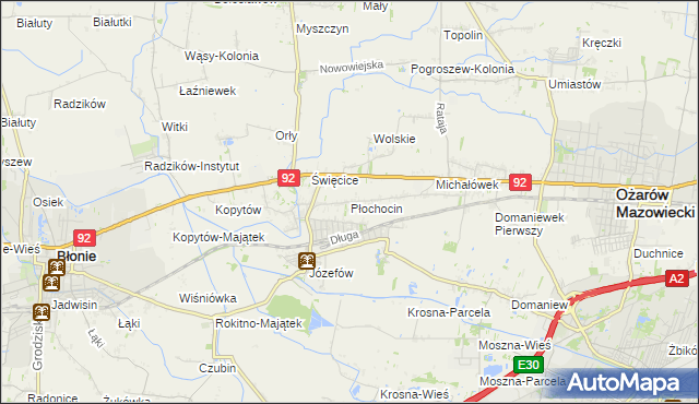 mapa Płochocin gmina Ożarów Mazowiecki, Płochocin gmina Ożarów Mazowiecki na mapie Targeo