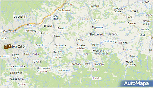 mapa Poręba Wielka gmina Niedźwiedź, Poręba Wielka gmina Niedźwiedź na mapie Targeo
