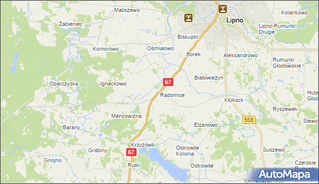 mapa Radomice gmina Lipno, Radomice gmina Lipno na mapie Targeo