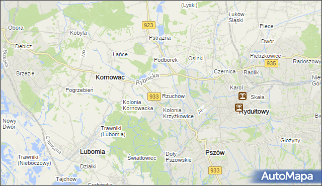 mapa Rzuchów gmina Kornowac, Rzuchów gmina Kornowac na mapie Targeo