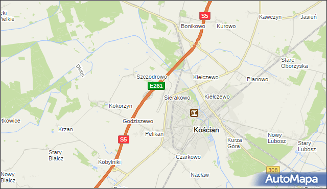 mapa Sierakowo gmina Kościan, Sierakowo gmina Kościan na mapie Targeo