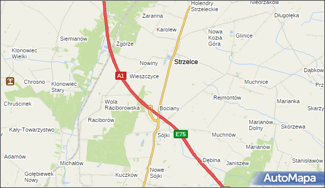 mapa Strzelce Kolonia gmina Strzelce, Strzelce Kolonia gmina Strzelce na mapie Targeo