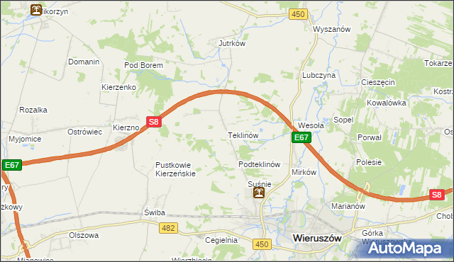 mapa Teklinów gmina Wieruszów, Teklinów gmina Wieruszów na mapie Targeo