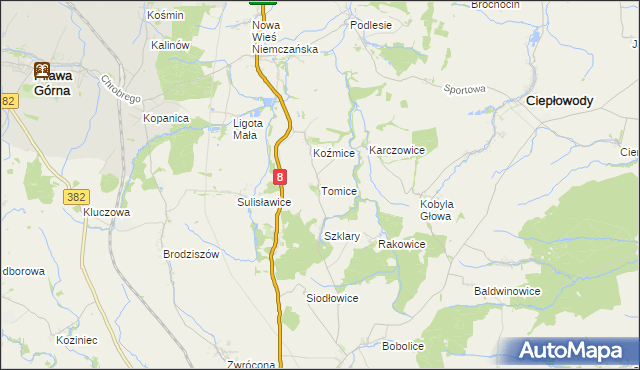 mapa Tomice gmina Ciepłowody, Tomice gmina Ciepłowody na mapie Targeo