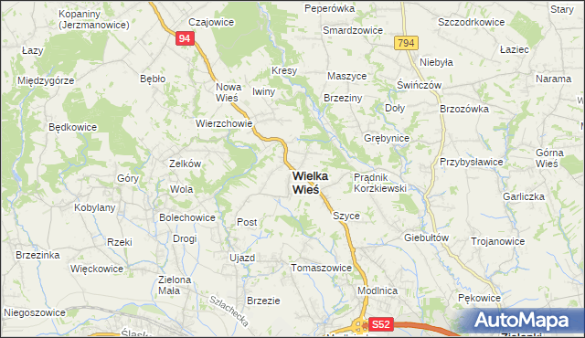 mapa Wielka Wieś powiat krakowski, Wielka Wieś powiat krakowski na mapie Targeo