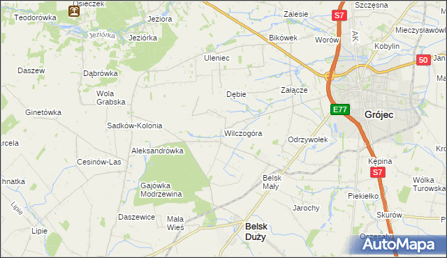 mapa Wilczogóra gmina Belsk Duży, Wilczogóra gmina Belsk Duży na mapie Targeo