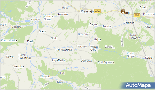 mapa Wrzosy gmina Przystajń, Wrzosy gmina Przystajń na mapie Targeo