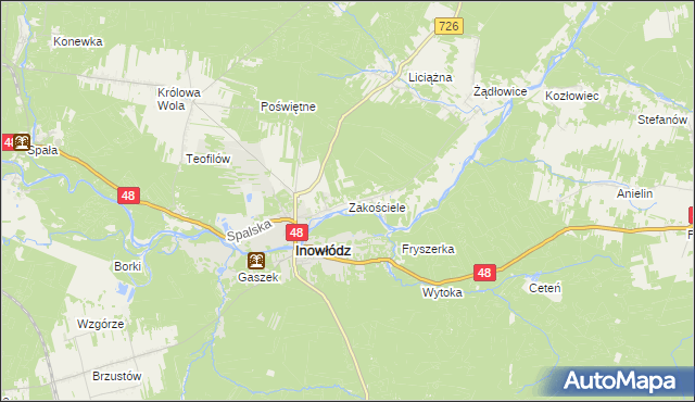 mapa Zakościele gmina Inowłódz, Zakościele gmina Inowłódz na mapie Targeo