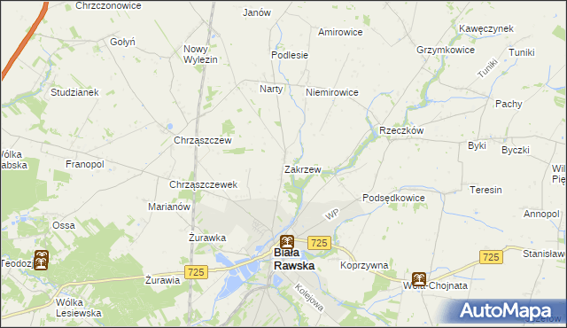 mapa Zakrzew gmina Biała Rawska, Zakrzew gmina Biała Rawska na mapie Targeo