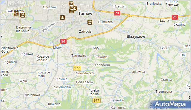 mapa Zawada gmina Tarnów, Zawada gmina Tarnów na mapie Targeo