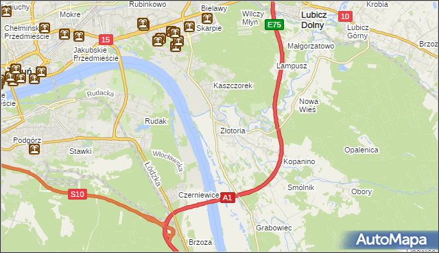 mapa Złotoria gmina Lubicz, Złotoria gmina Lubicz na mapie Targeo