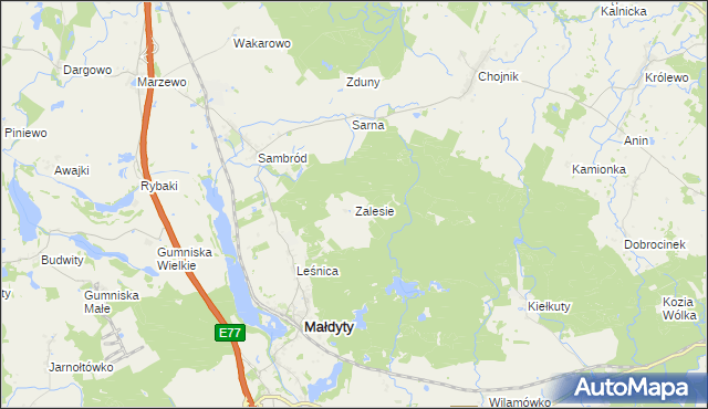 mapa Zalesie gmina Małdyty, Zalesie gmina Małdyty na mapie Targeo