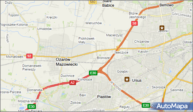 mapa Bronisze gmina Ożarów Mazowiecki, Bronisze gmina Ożarów Mazowiecki na mapie Targeo