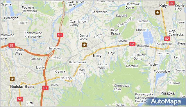 mapa Kozy powiat bielski, Kozy powiat bielski na mapie Targeo