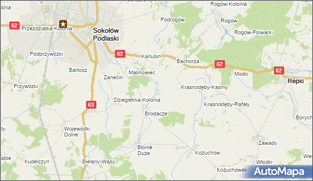 mapa Krasnodęby-Sypytki, Krasnodęby-Sypytki na mapie Targeo