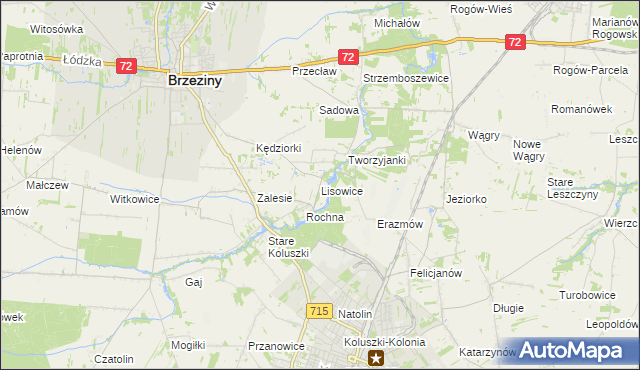 mapa Lisowice gmina Koluszki, Lisowice gmina Koluszki na mapie Targeo