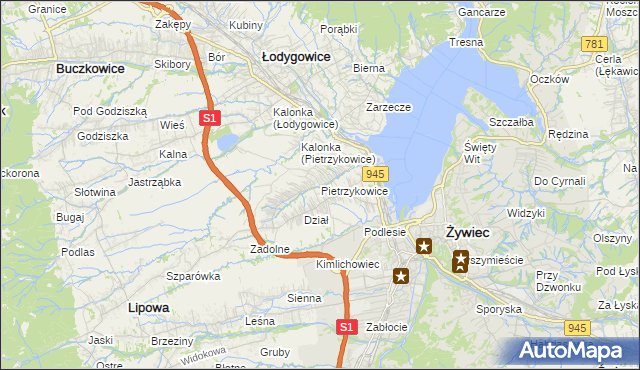 mapa Pietrzykowice gmina Łodygowice, Pietrzykowice gmina Łodygowice na mapie Targeo