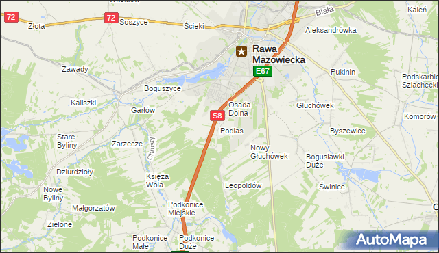 mapa Podlas gmina Rawa Mazowiecka, Podlas gmina Rawa Mazowiecka na mapie Targeo