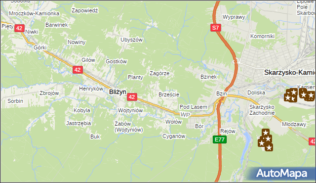 mapa Brzeście gmina Bliżyn, Brzeście gmina Bliżyn na mapie Targeo