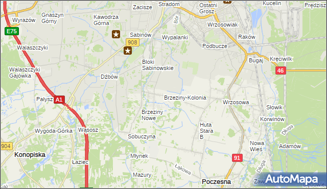mapa Brzeziny-Kolonia, Brzeziny-Kolonia na mapie Targeo