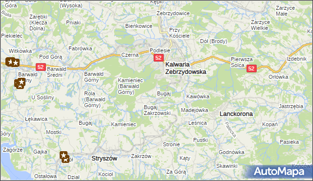 mapa Bugaj gmina Kalwaria Zebrzydowska, Bugaj gmina Kalwaria Zebrzydowska na mapie Targeo