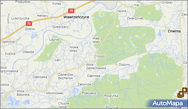 mapa Chobot gmina Niepołomice, Chobot gmina Niepołomice na mapie Targeo