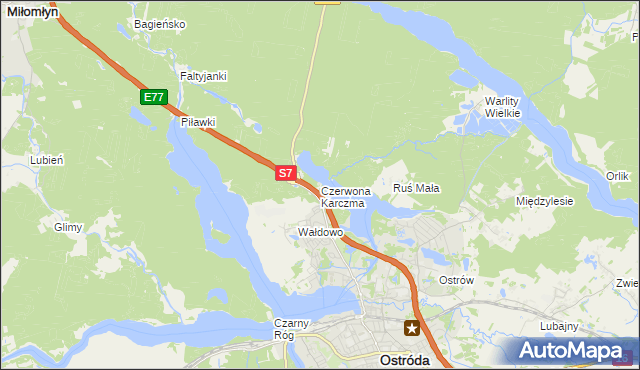 mapa Czerwona Karczma gmina Ostróda, Czerwona Karczma gmina Ostróda na mapie Targeo