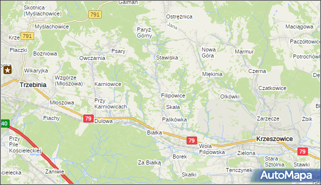 mapa Filipowice gmina Krzeszowice, Filipowice gmina Krzeszowice na mapie Targeo
