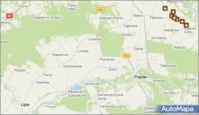 mapa Florianów gmina Popów, Florianów gmina Popów na mapie Targeo