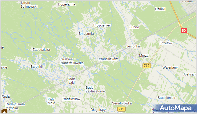 mapa Franciszków gmina Wiskitki, Franciszków gmina Wiskitki na mapie Targeo