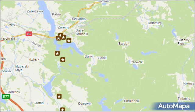 mapa Gąski gmina Ostróda, Gąski gmina Ostróda na mapie Targeo