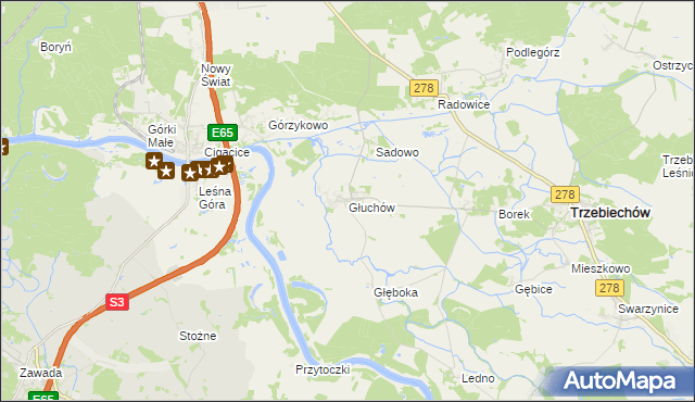 mapa Głuchów gmina Trzebiechów, Głuchów gmina Trzebiechów na mapie Targeo
