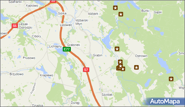 mapa Grabin gmina Ostróda, Grabin gmina Ostróda na mapie Targeo