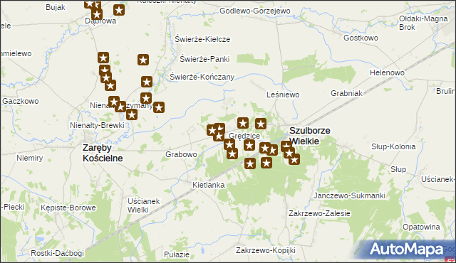 mapa Grędzice gmina Szulborze Wielkie, Grędzice gmina Szulborze Wielkie na mapie Targeo