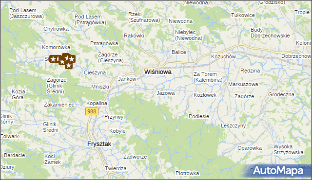 mapa Jazowa gmina Wiśniowa, Jazowa gmina Wiśniowa na mapie Targeo