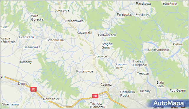 mapa Jurowce gmina Sanok, Jurowce gmina Sanok na mapie Targeo