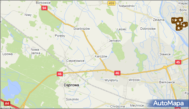 mapa Karczów gmina Dąbrowa, Karczów gmina Dąbrowa na mapie Targeo