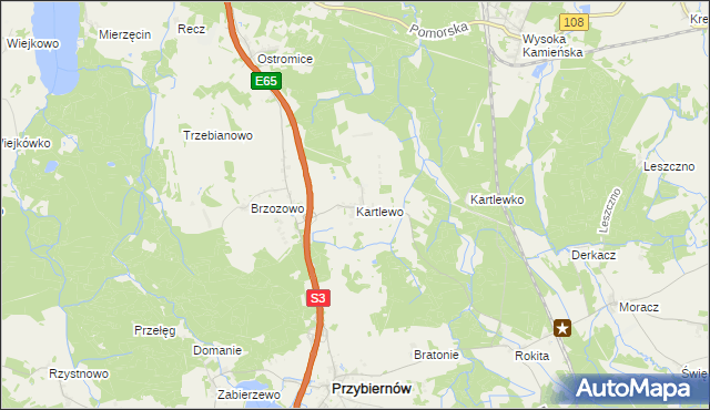 mapa Kartlewo gmina Przybiernów, Kartlewo gmina Przybiernów na mapie Targeo